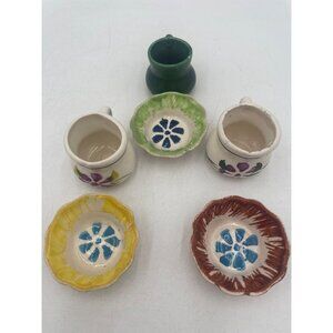 Vintage Miniature Ceramic Dishes & cups Hand-Painted Floral Designs Mexican Rust